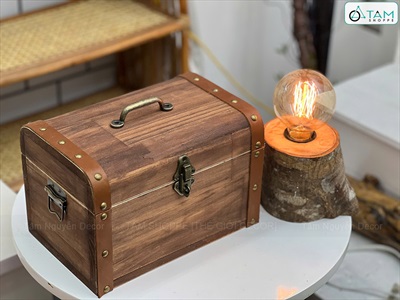 Rương gỗ viền da đinh tán bo nắp [03 Size - Tặng ổ khóa] Cao 14 - 20cm RUONG-GO-05